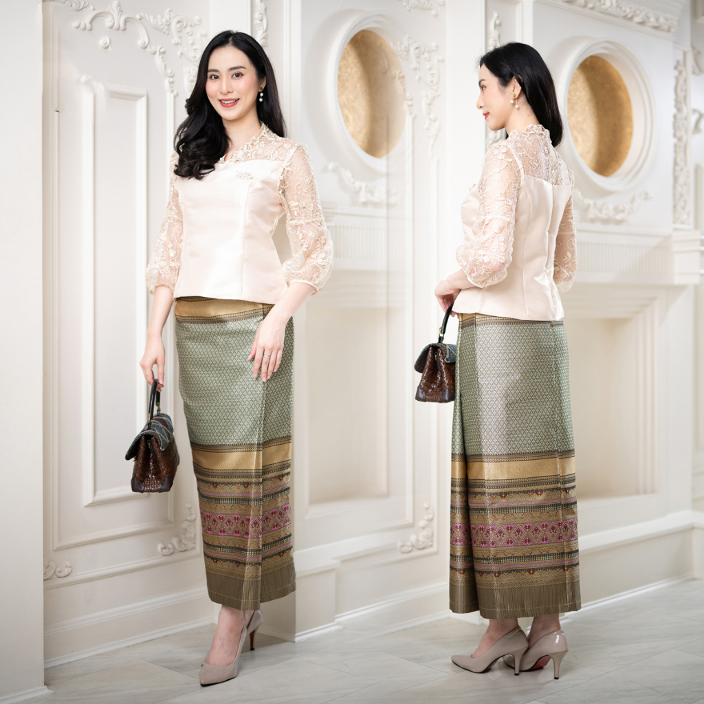 kudapy ชุดเซทสีทอง เสื้อแขนลูกไม้+ผ้าถุงผ้าไหมทอลาย