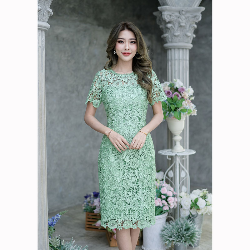 kudapy เดรสสั้นสีชมพูกะปิ/เขียว ลูกไม้ถักทรงแขนสั้น ทรงยอดนิยมของทางร้านค่ะ สวยเรียบใส่ง่าย