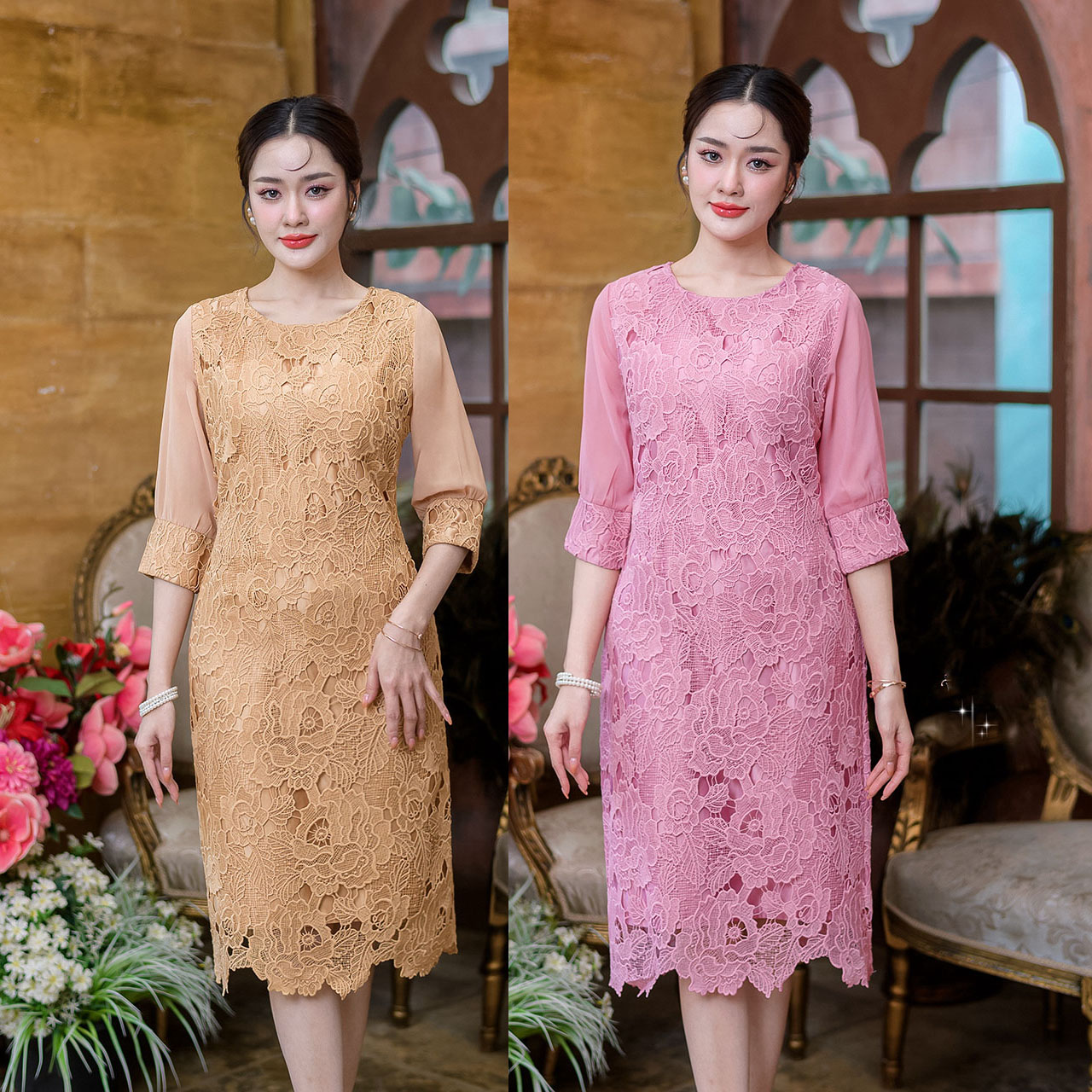 kudapy เดรสสั้นสีครีมน้ำตาล/สีชมพู ลูกไม้เนื้อนิ่ม ดีไซน์แขนชีฟองจั้มปลายแขนด้วยลูกไม้ ผ้าทอลายแน่น