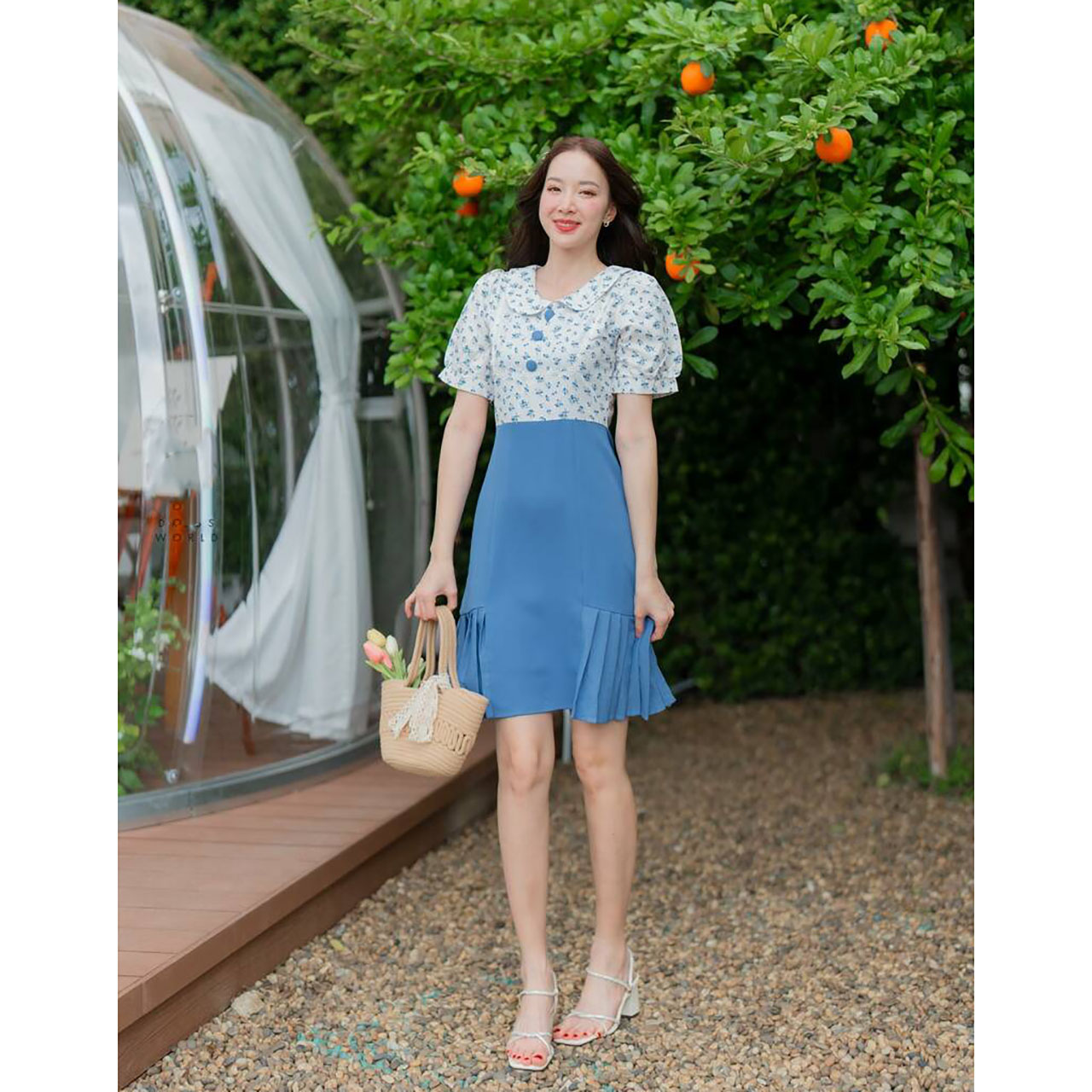 kudapy เดรสสั้นสีชมพู สีกรม สีน้ำเงินเข้ม คอบัวเสื้อลายดอกกระโปรงผ้าพื้น