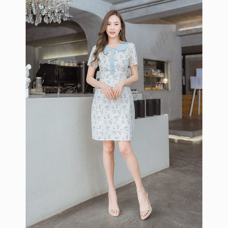 kudapy เดรสสั้นสีชมพู/สีฟ้า/สีน้ำตาล ลายดอกปกคอบัว ใส่เที่ยว ออกงานสวย ใส่สบายตัวมากๆ