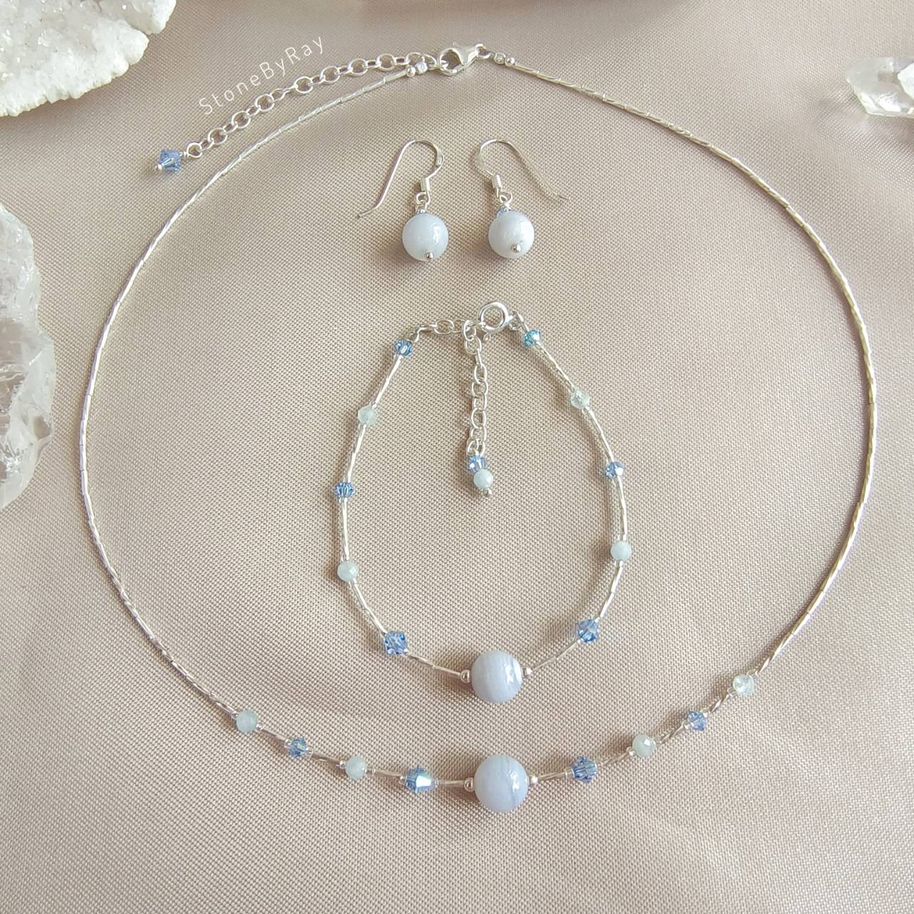 Setสร้อยคอเงินหินบลูเลสอาเกต Blue Lace Agate