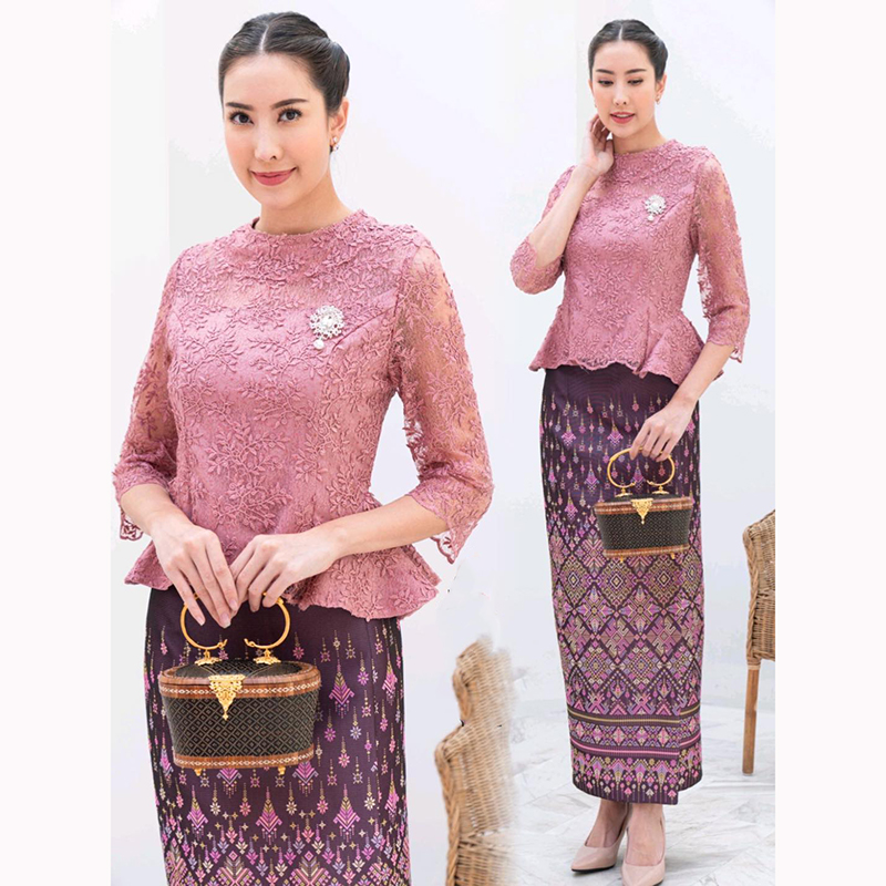 kudapy เสื้อลูกไม้สีชมพู/สีขาว ผ้าไหมแพรวากาฬสินธุ์ตัดสำเร็จ เนื้อผ้างานปักทอลายสวย