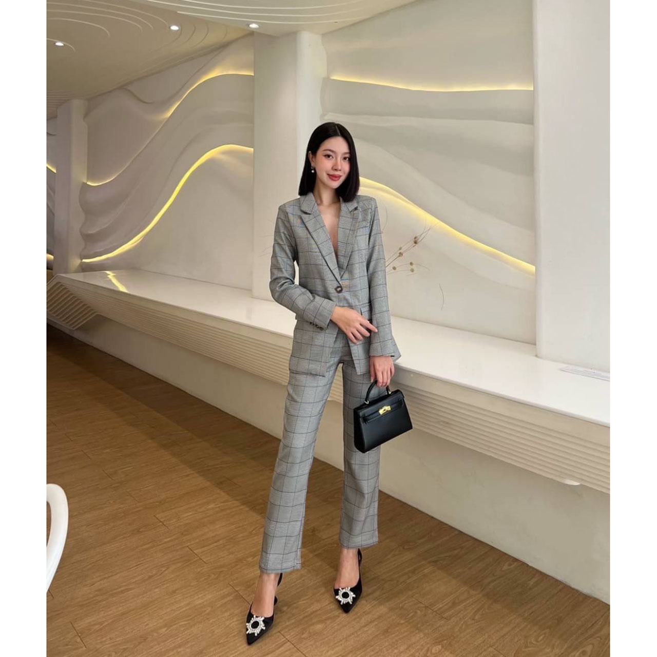 kudapy เซ็ทเสื้อ Blazer +กางเกงขายาว เสื้อสูทลายสก๊อตแถบฟ้า แต่งกระดุม