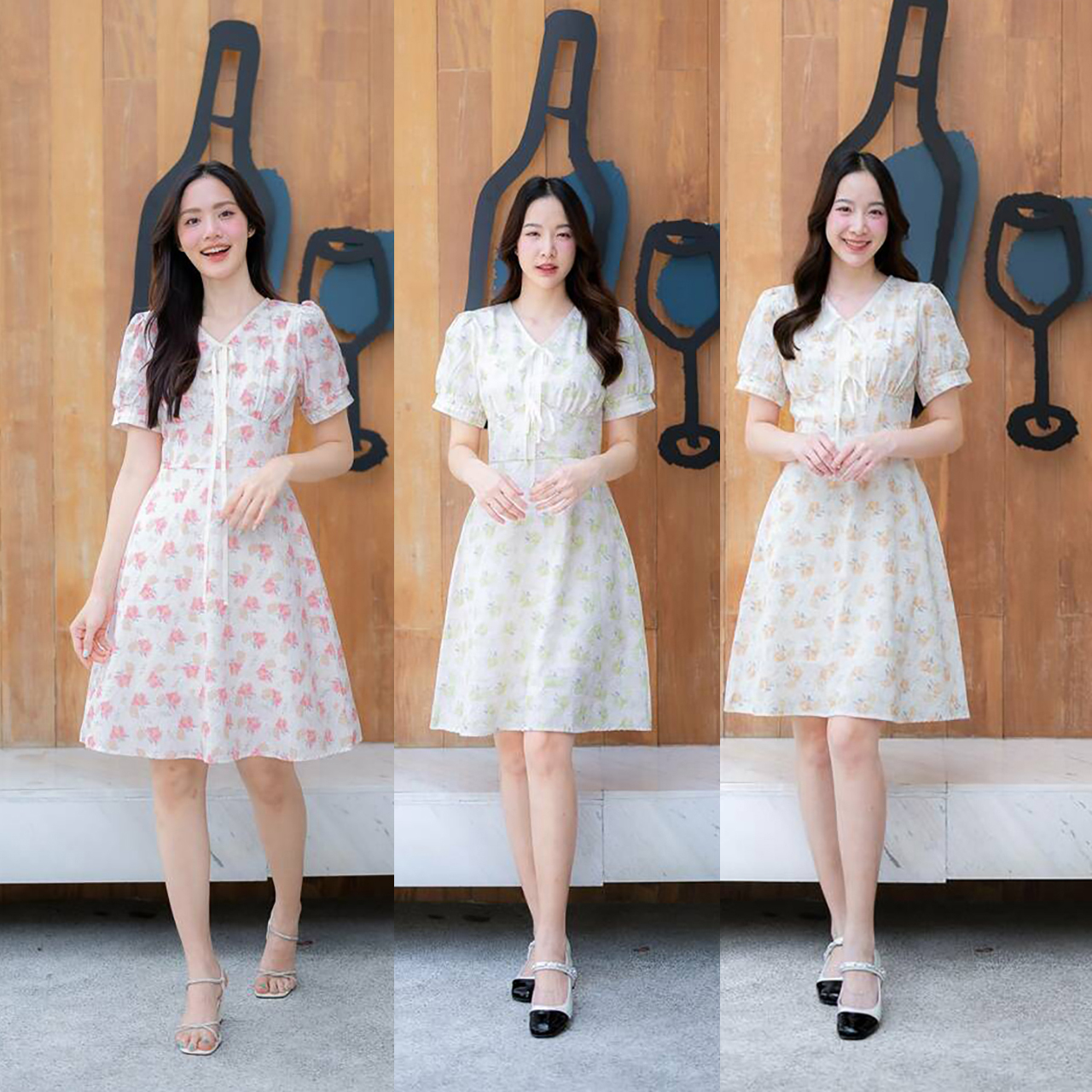 kudapy เดรสสั้นสีชมพู/สีเขียว/สีเหลือง ผ้าลายดอกแต่งโบว์2ชิ้น แขนสั้น สวยดูดี
