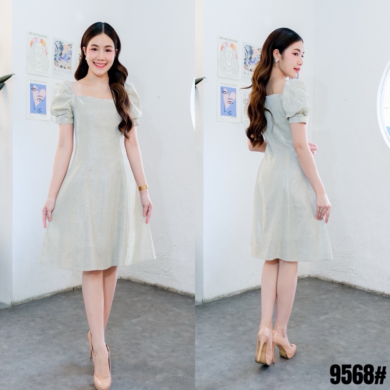 kudapy เดรสสั้นสีเทาเงิน/สีฟ้า/สีทองแชมเปญ/สีม่วงอ่อน แขนตุ๊กตา ทรงอกหัวใจ เนื้อผ้า Glitter ละเอียด สวยเด่นแต่ไม่เว่อร์ ผ้าไม่ยืด มีซับใน ไม่บาด ไม่คันผิว