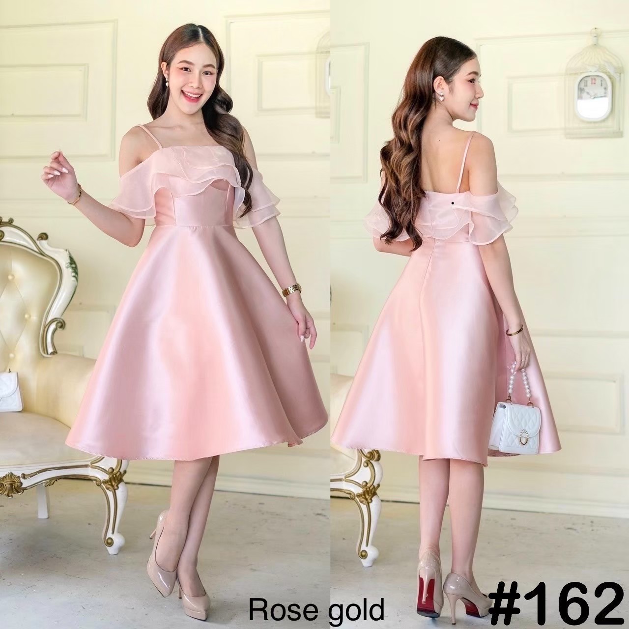 kudapy เดรสสั้นสายสปาเกตตี้ แต่งผ้าแก้วระบายไขว้อก สวยหวานพรางแขน กระโปรงทรงเอ