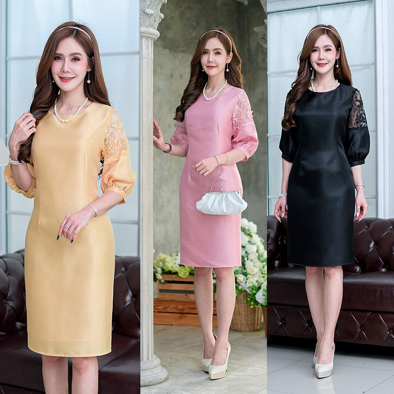 kudapy เดรสั้นสีเหลืองทอง/สีชมพู/สีฟ้า/สีดำ สผ้าไหมญี่ปุ่นทรงสวยหวาน ช่วงแขนตัดเย็บทรงบอลลูนจมปลายแขน
