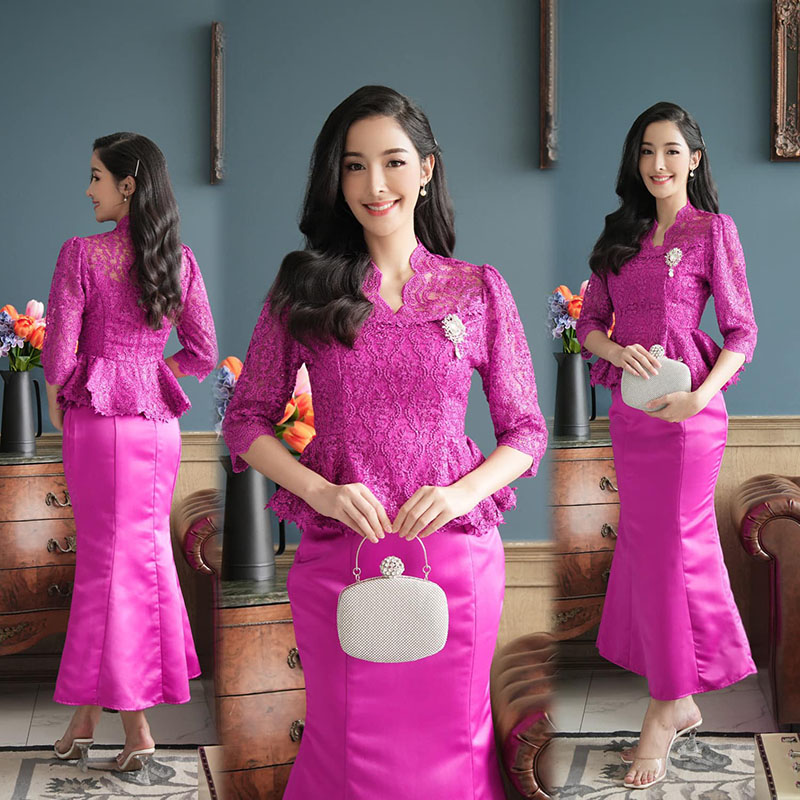 kudapy ชุด set สีทอง/สีม่วงบานเย็น/สีน้ำเงิน เสื้อลูกไม้ใยบวบ + กระหางปลางานผ้าซาติน