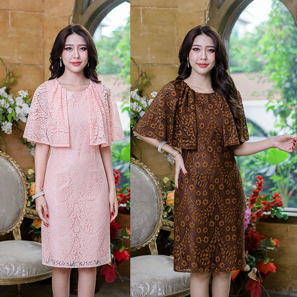 kudapy เดรสสั้นสีโอรส/สีน้ำตาลทูโทน ผ้าลูกไม้เนื้อนิ่ม ดีไซน์คลุมไหล่ยอดนิยม ด้านหน้าและด้านหลังยาวเท่ากัน สวยหรูพรางต้นแขนได้ดี มีซับในแต่งซิปด้านหลัง
