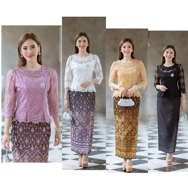 kudapy (เฉพาะเสื้อ) เสื้อลูกไม้สีทอง/สีดำ/สีม่วง/สีขาว ตัวเสื้อใช้ผ้าลูกไม้ใยบวบเนื้อดีลายลูกไม้แน่นทั้งตัว ตัวเสื้อมาพร้อมซับในเนื้อดีในตัว