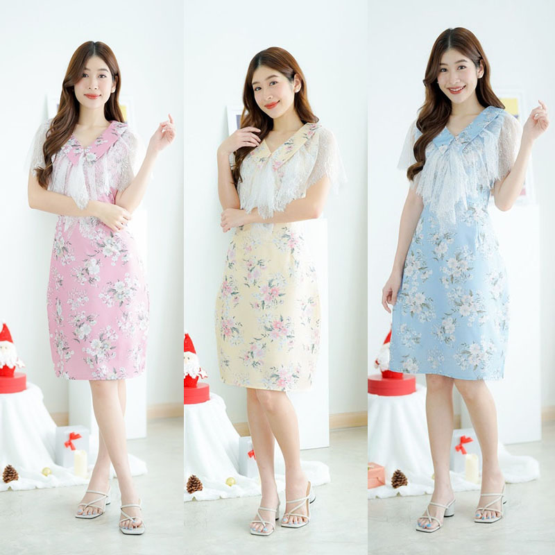 kudapy เดรสสั้นสีเหลือง/สีชมพู/สีฟ้า ลายดอกคลุมอก