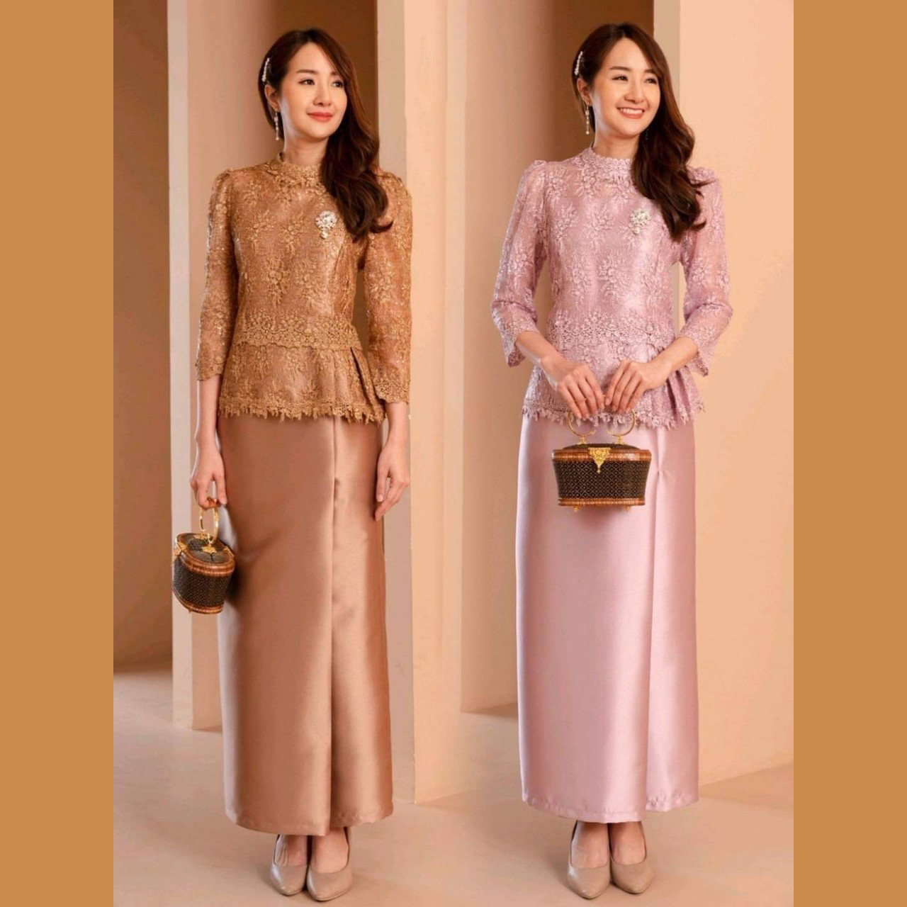 kudapy ชุดไปงานแต่งสีชมพูโรสโกลด์ เสื้อลูกไ้มฝรั่งเศษอย่างดี มีซับในซิบหลัง กับผ้าถุงสีเดียวกัน ใส่คู่นี้เกิดมากค่าแม่