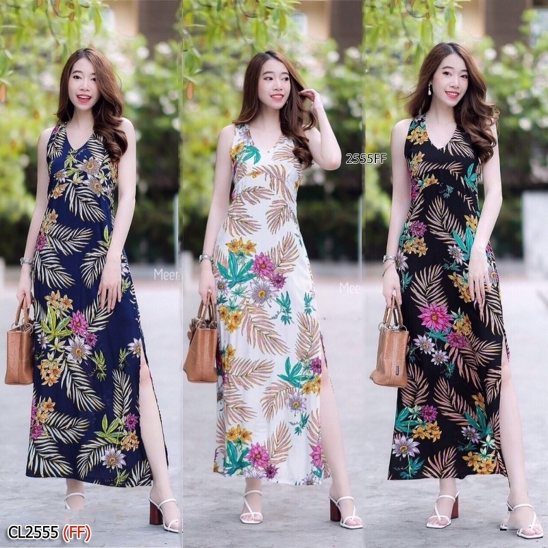kudapy เดรสยาวสีขาว/สีดำๅสีกรม ลายใบมะพร้าว ผ้าสปันนิ่มๆคอวี ดีเทลด้านหลังไขว้น่ารักมาก