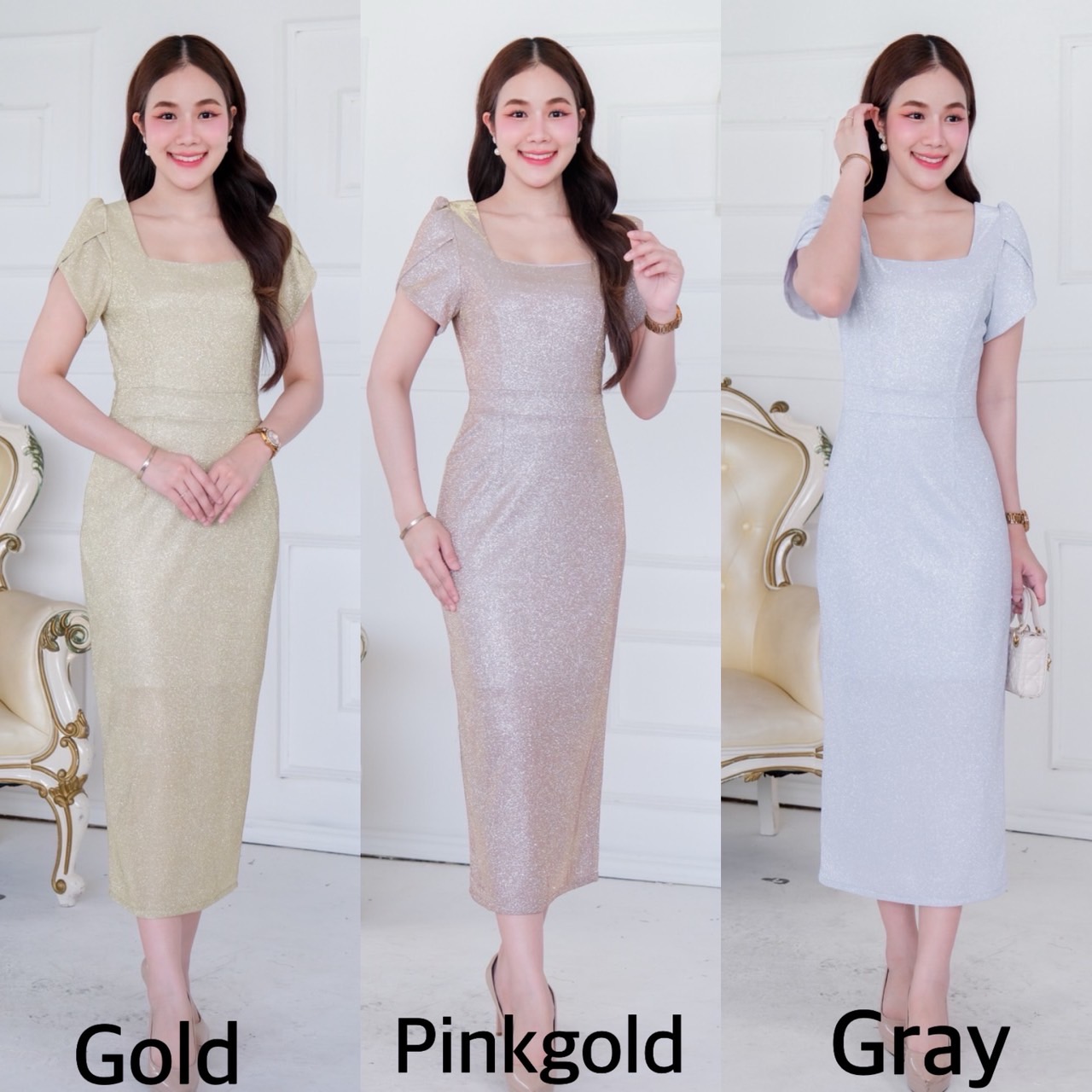 kudapy เดรสยาวสีชมพู/สีทอง/สีเงิน ออกงานคอเหลี่ยม ดีเทลแขนสั้น ทรงซ้อนกลีบดอกไม้ ทรงสวยเรียบหรู