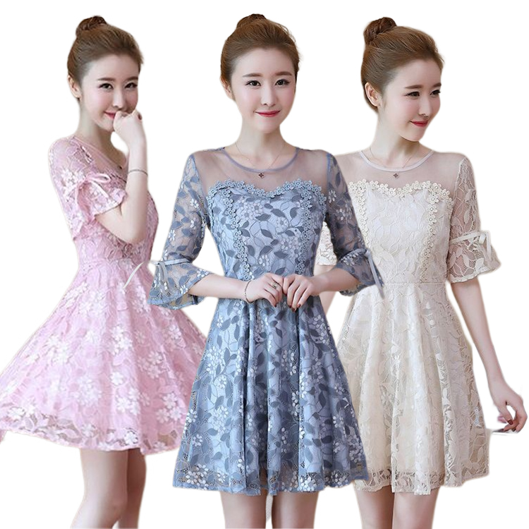 kudapy เดรสสั้นลูกไม้ซีทรูสีชมพู/สีฟ้าเทา/สีครีม เดรสทรงเกาะอกแต่มีแขนน้าา คอกลม แขนกระดิ่ง แต่งโบว์ ผ้าทิ้งตัว งานสวยค่ะ