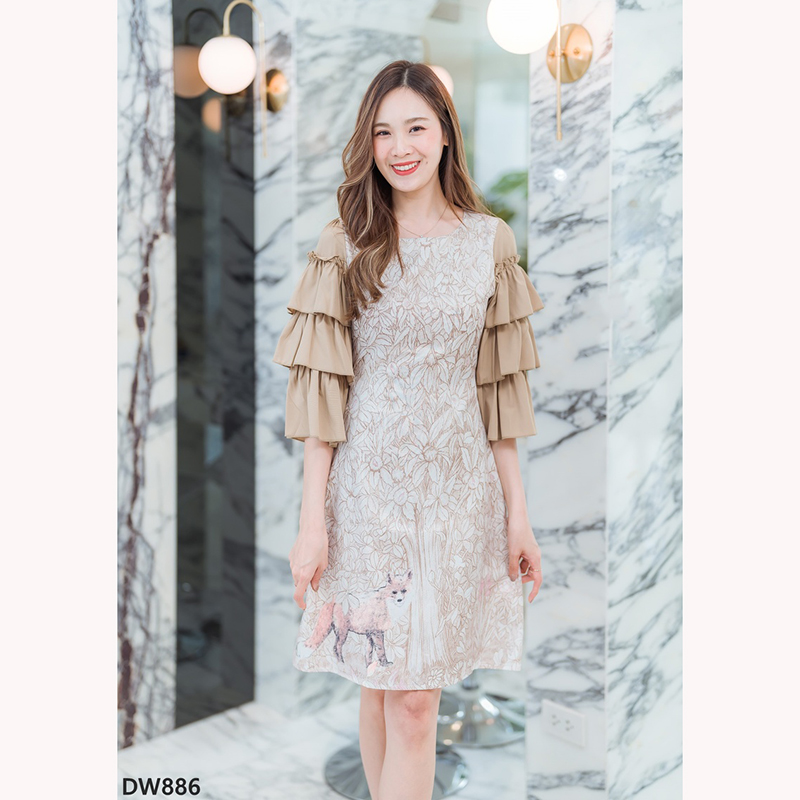 kudapy เดรสสั้นสีฟ้า/สีชมพู/สีน้ำตาล แขนระบายลายหมาป่าใส่สวยดูดีสบายตัว