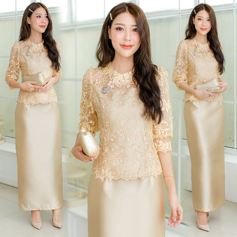 kudapy Set เสื้อ +ผ้าถุง สีทอง/สีชมพู งานเกรดพรีเมี่ยม ระดับห้องเสื้อ ลูกไม้ถักทออย่างดี ใส่แล้วดูหรูไม่ว่าจะงานกลางวันกลางคืน