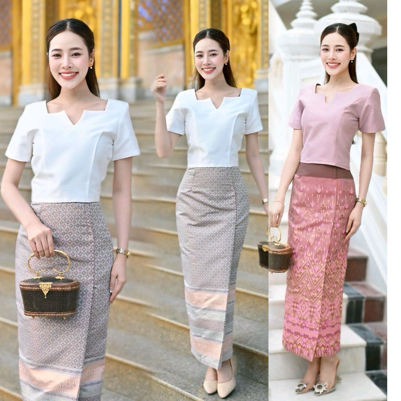 kudapy ชุดเซ็ท เสื้อผ้าไหมแพรทิพย์+ ผ้าถุงสำเร็จทอลายอัดกาวอบน้ำยาเอวสูง