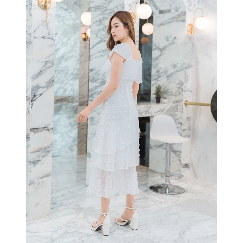 kudapy เดรสยาวสีชมพู/สีขาว/สีเขียว ชีฟองจุดอกระบาย