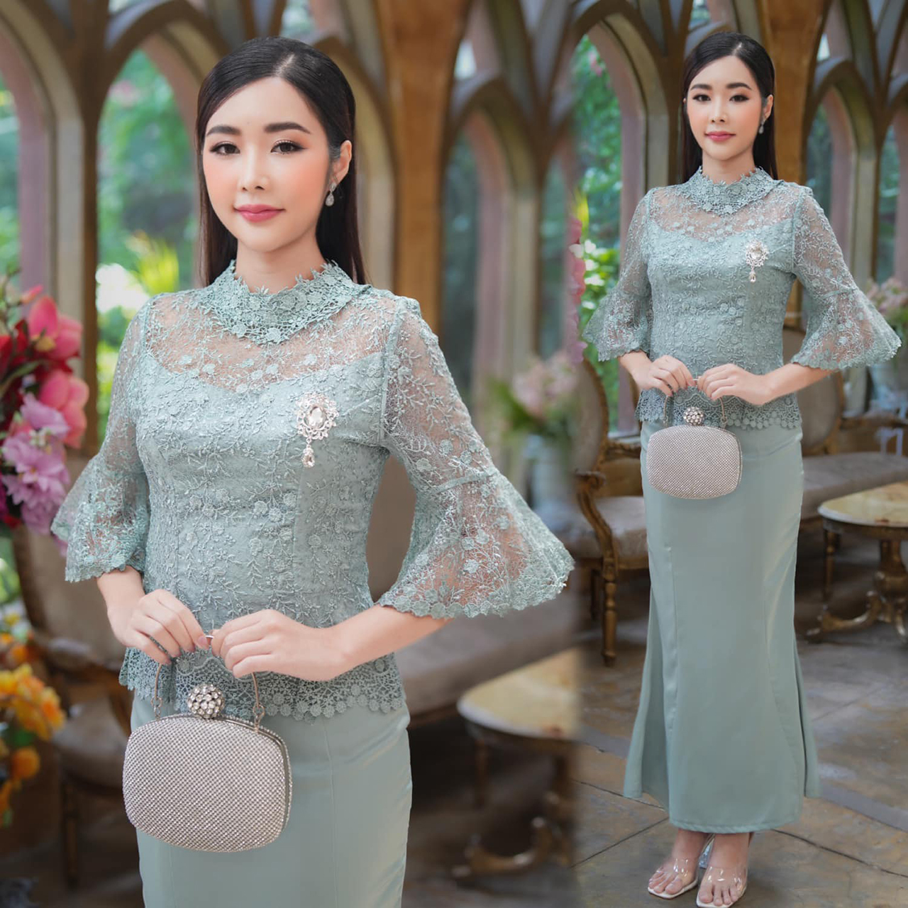 kudapy ชุดลูกไม้ใยบวบสีเขียวมิ้นท์/สีชมพู คอปีนแต่งด้วยลูกไม้ลายดอกที่เข้ากับลายตัวเสื้อ ทรงแขนกระดิ่ง