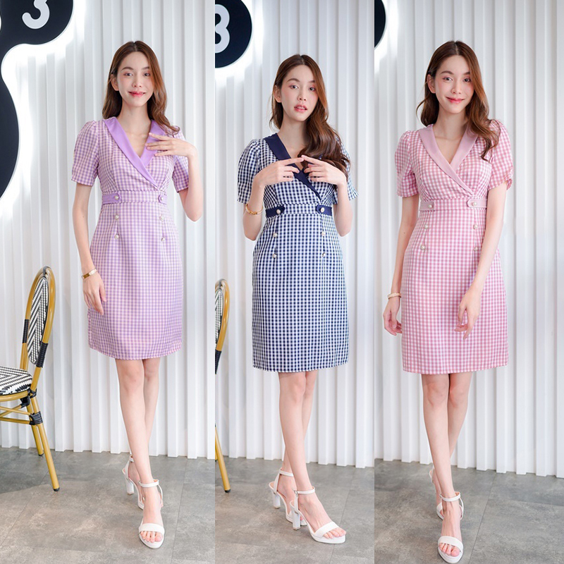 kudapy เดรสสั้นสีม่วง/สีกรม/สีชมพู คอปกสูทลายสก็อต