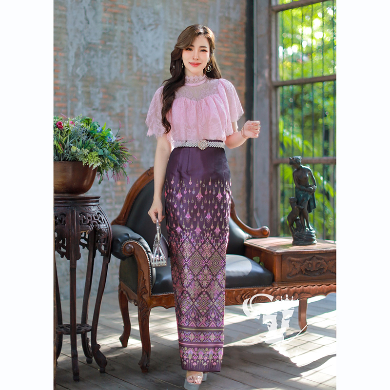 kudapy เซ็ทเสื้อลูกไม้แต่งระบายรอบตัวหน้าหลัง +ผ้าถุงสำเร็จรูป เกรดพรีเมี่ยมอัดกาว ซิปหลัง