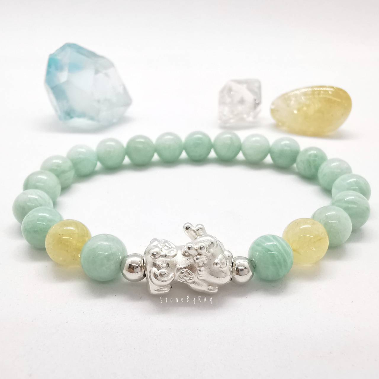 สร้อยข้อมือหินอมาโซไนท์สีมิ้นต์+เบบี้ปี่เซียะเงินแท้+ซิทริน