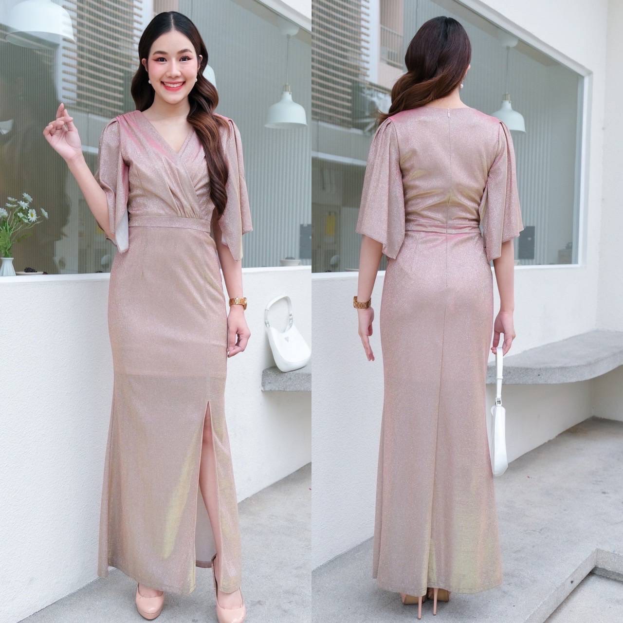 kudapy เดรสยาวสีดำ/สีน้ำเงิน/สีเงิน/สีทอง/สีชมพู/สีแดง นิ่มมาแล้วจ้า รุ่นนี้ใส่ผอม คอระหงษ์มาก ดีเทลคอวี แขนระฆัง