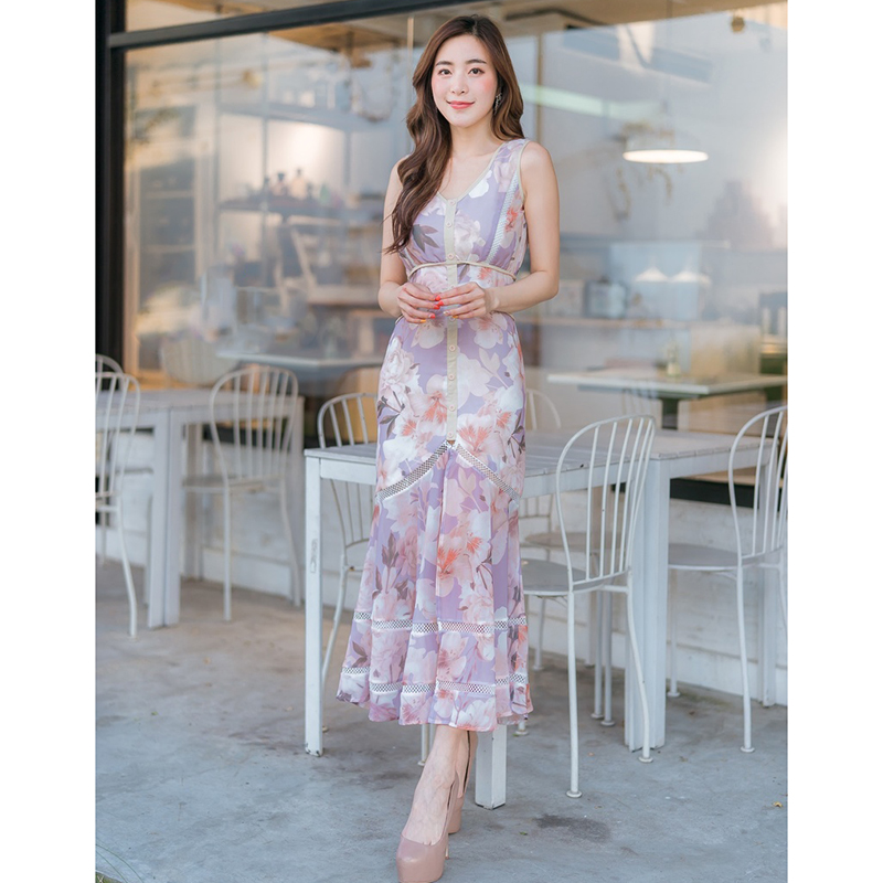kudapy เดรสยาวสีม่วง แขนกุดพิมพ์ลายดอกซากุระ กระโปรงผ่าหน้า ผ้าชีฟองแต่งลายดอก XL 2XL