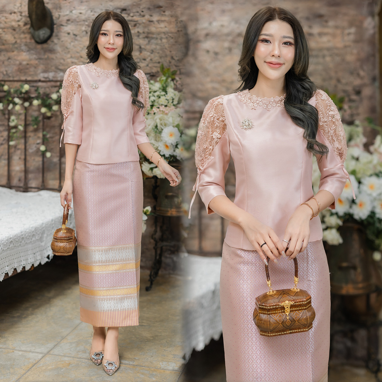 kudapy เสื้อผ้าพื้นไหมจิตรลดาแต่งลูกไม้สามมิติดอกลอยลูกไม้ที่ใช้พรีเมี่ยมทรงแขนบอลลูนมีเชือกผูก (เฉพาะเสื้อ)