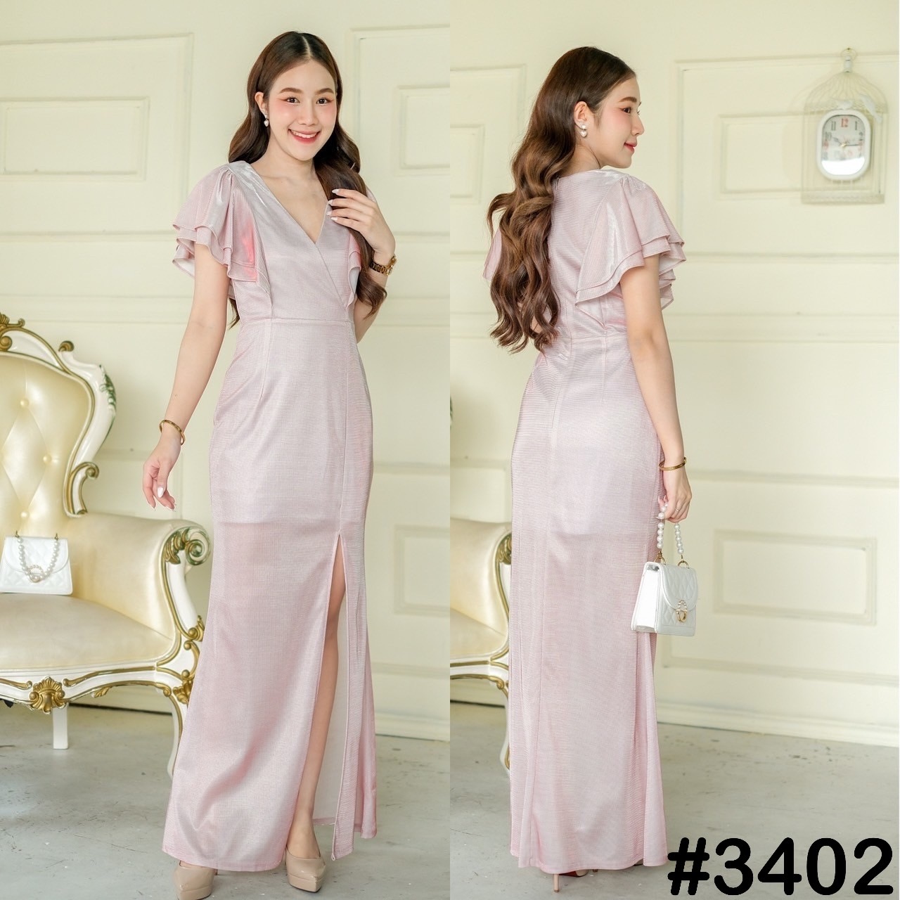 kudapy เดรสยาวสีแชมเปญ,ทอง,เขียว,ชมพู,ฟ้าเหลือบม่วง คอวีอกไขว้ จับจีบแขนระบายพริ้ว พรางต้นแขน กระโปรงทรงสอบยาว