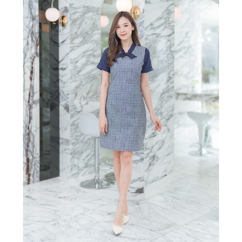 kudapy เดรสสั้นสีดำ/สีน้ำตาล/สีกรม ลายสก๊อตแขนตุ๊กตา