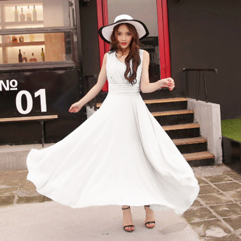 kudapy แม็กซี่เดรสยาวคอวีสีชมพูโอรส/สีม่วง/สีขาว/สีเขียวเข้ม/สีน้ำเงินสด เดรสยาวแขนกุด ผ้าชีฟองทิ้งตัว พริ้วมากค่ะรุ่นนี้ใส่ไปทะเล ไปงานได้น้าา