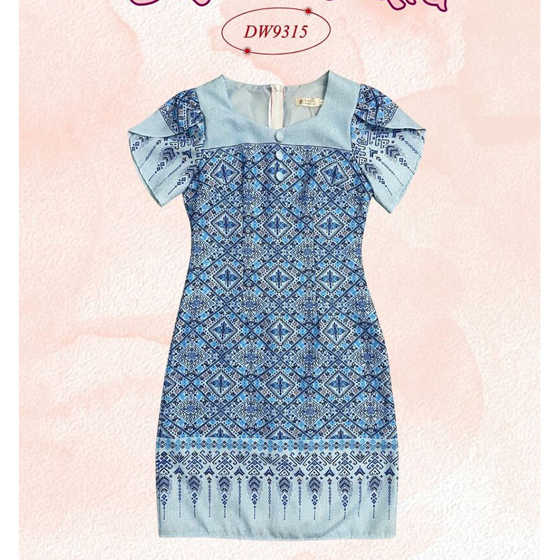 kudapy เดรสสั้นสีฟ้า/สีชมพู/สีม่วง ผ้าลายไทยแขนกลีบบัว