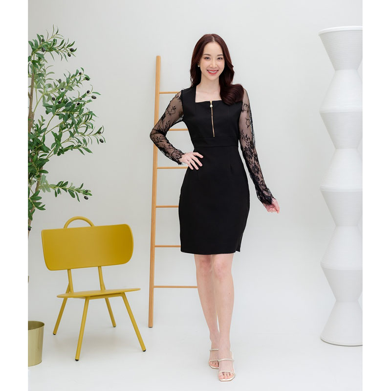 kudapy เดรสสั้นสีชมพู/สีขาว/สีดำ อกซิบแขนลูกไม้ยาว