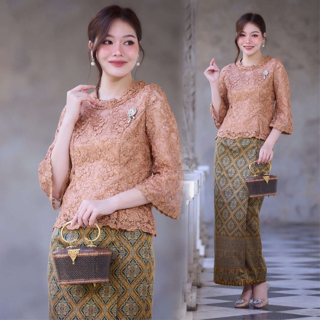 kudapy เซตเสื้อลูกไม้ฝรั่งเศษ+ผ้าถุงใส่ออกงานสีทองน้ำผึ้ง