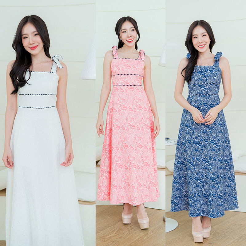 kudapy เดรสยาวสีชมพู/สีขาว/สีกรม สายเดี่ยวผูกโบว์ดูดีน่ารักใส่ออกงานปาตี้สวย