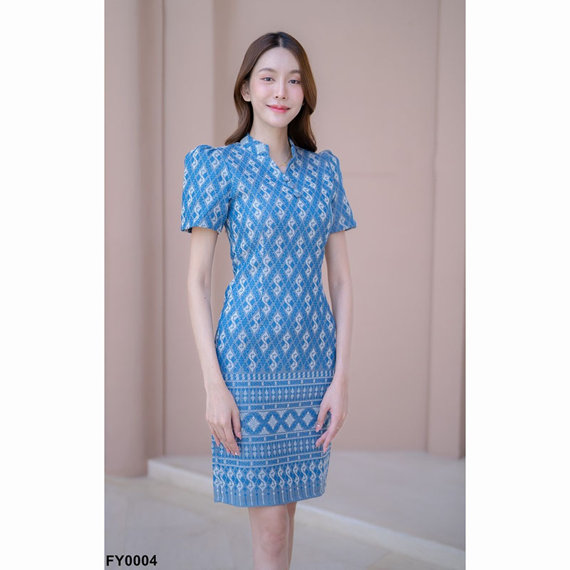 kudapy เดรสสั้นสีเทา/สีกรม/สีชมพู ผ้าไทยคอปีนลายขอ