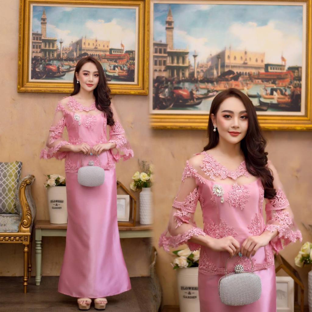 kudapy เซทเสื้อแขนระบาย+กระโปรงผ้าไหมอิตาลี ทรงหางปลา สวยมาก