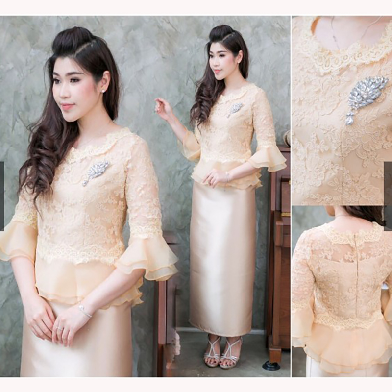 kudapy เซทออกงานเสื้อลูกไม้+กระโปรงยาว เสื้อลูกไม้แขนสามส่วนแต่งระบายผ้าไหมออแกนดี้ ไหล่และแขนซีทรู