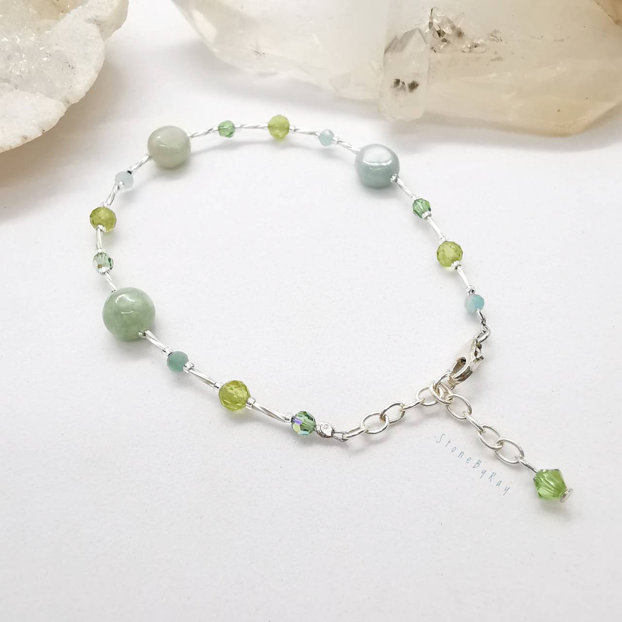 สร้อยข้อมือเงินหยก+เพอริดอท+อมาโซไนท์ (Jade+Peridot+Amazonite)