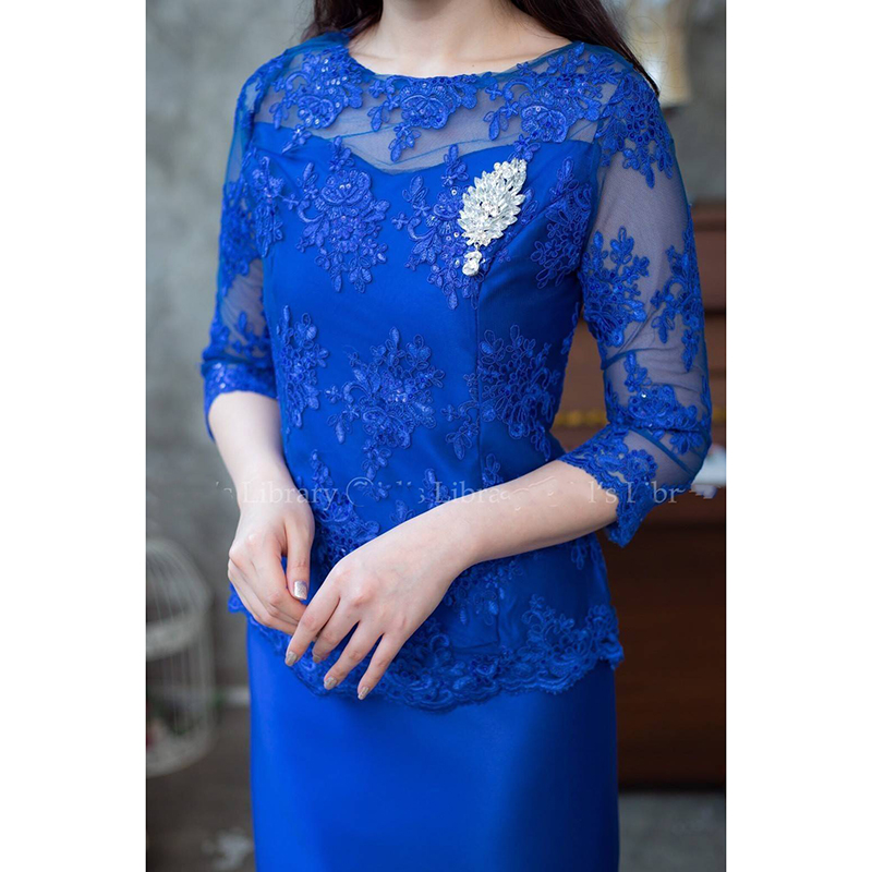 kudapy Set เสื้อลูกไม้แขนสามส่วนสีน้ำเงิน แดง โรสโกลด์ ชุดนี้ตัวเสื้อใช้ผ้าลูกไม้ปักเลื่อมอย่างดี มาพร้อมกระโปรงผ้าไหม สีพื้นทรงสอบผ้าสวย