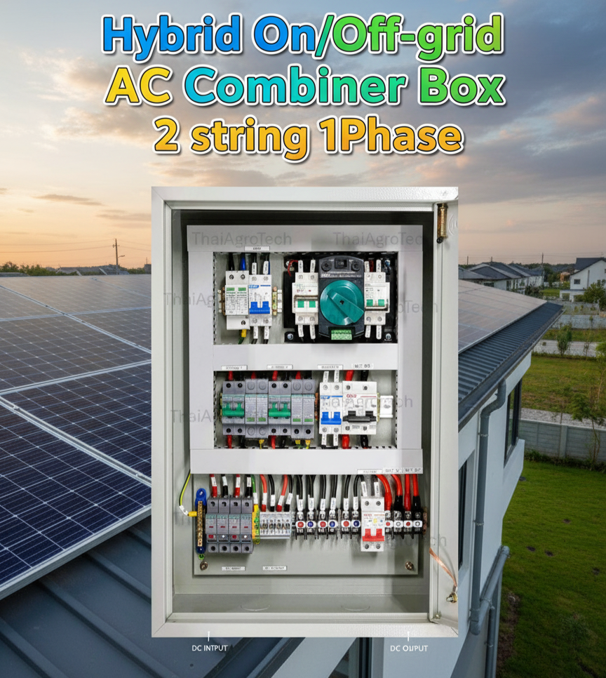 ตู้คอมบายเนอร์แบบไฮบริด 2 สตริง Hybrid On/Off-grid AC Combiner Box 2 string พร้อม สวิตซ์สลับแหล่งจ่ายไฟ อัตโนมัติ ระบบไฟฟ้าสำรอง ATS Automatic Dual Power Transfer Switch 2P 63A