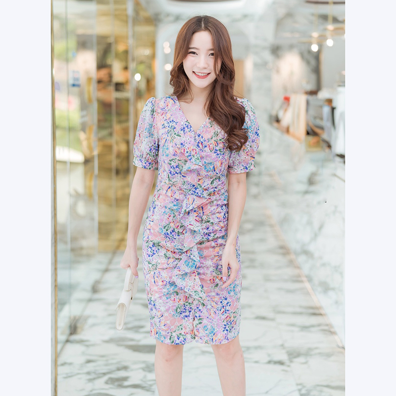 kudapy เดรสสั้นสีชมพู,ขาว ลายดอกไม้ใส่ดูสวย