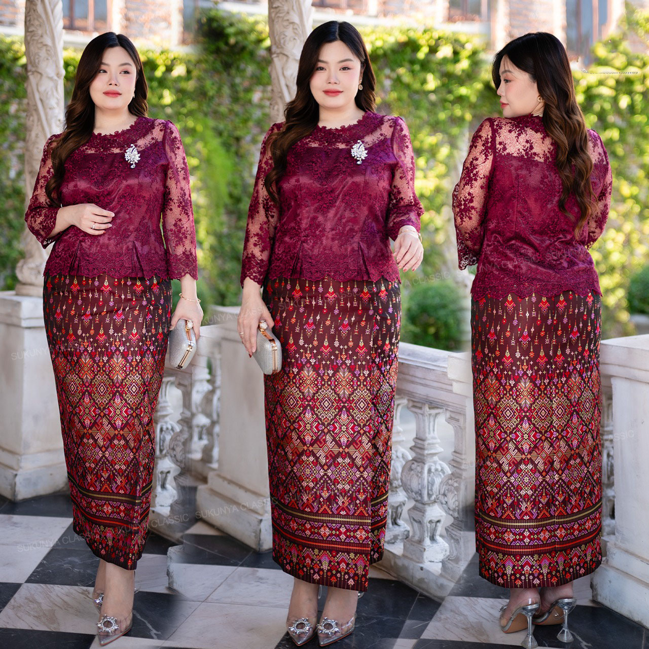 kudapy เซ็ทเสื้อลูกไม้ใยบวบพรีเมี่ยม คอกลม มีซับใน ซิปซ่อนหลัง ทรงออกแบบทันสมัย