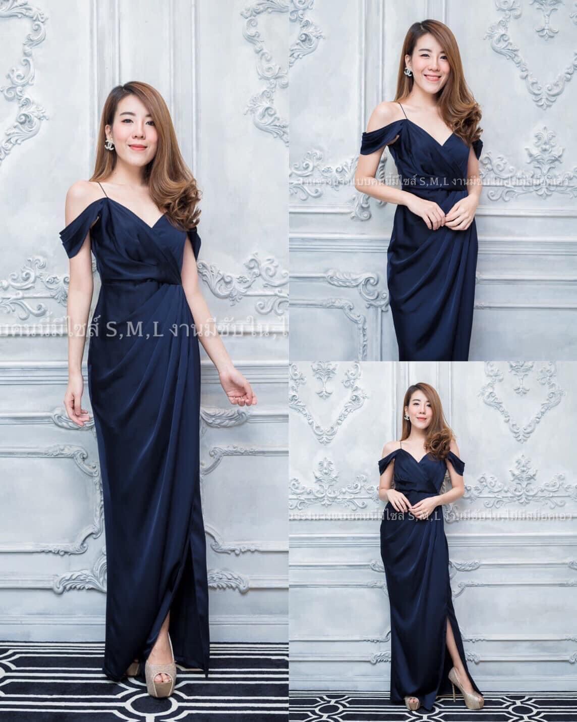 kudapy ชุดราตรียาวเปิดไหล่สายเดี่ยว ปิดแขนคิมเบอรี่ ผ้าเครปซาติน สีชมพูเผือก ,น้ำเงินสด ,กรมอมเทา,เขียวแก่