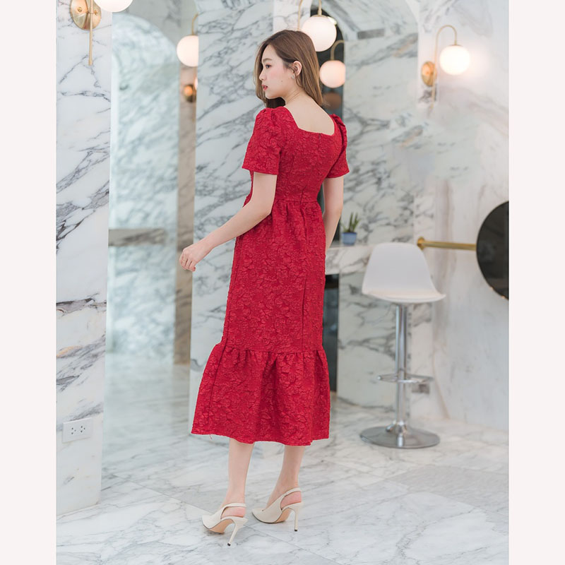 kudapyเดรสยาวสีแดง/สีชมพู/สีขาว แขนกระบอกสั้น ใส่สบายสวยดูดี