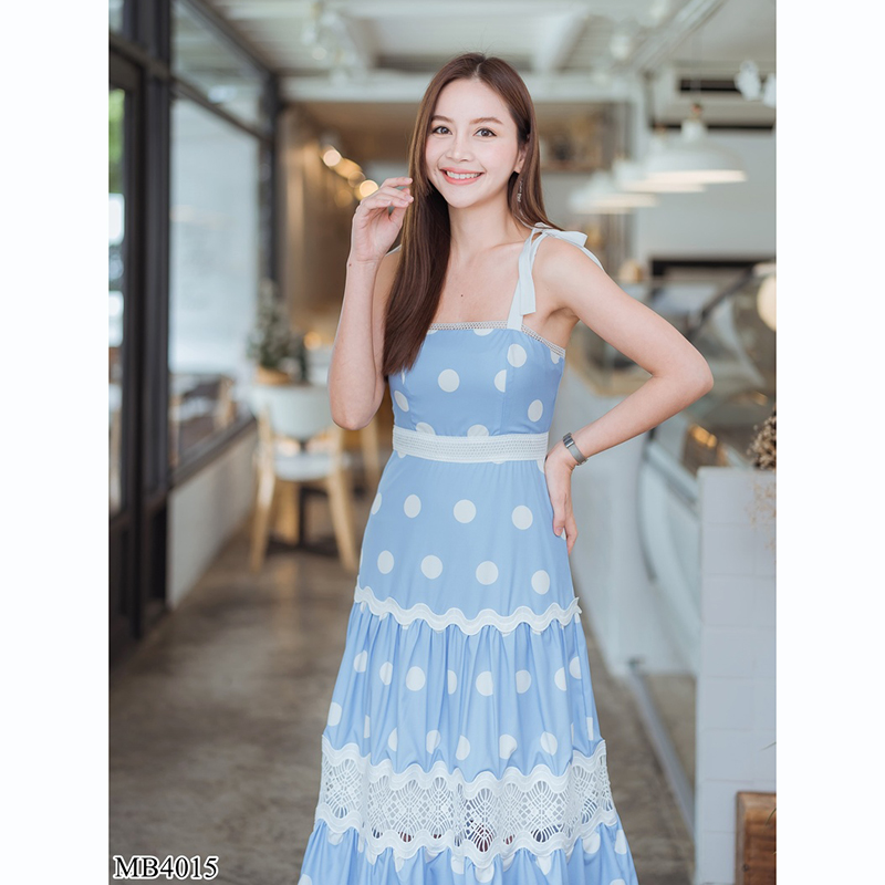 kudapy เดรสยาวแขนกุดสีฟ้า สายเดี่ยวแทรกลูกไม้ใส่สบายสวยดูดี