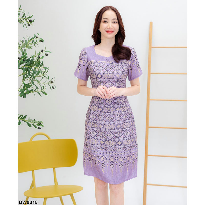 kudapy เดรสสั้นสีฟ้า/สีชมพู/สีม่วง ผ้าลายไทยแขนกลีบบัว